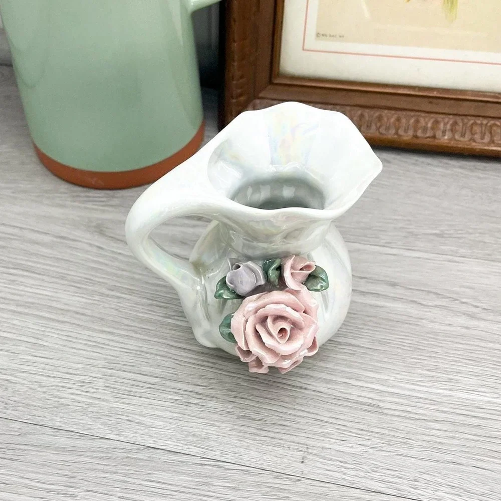 Vintage Iridescent Ceramic Rose Pitcher: 3D Floral‎ Vase